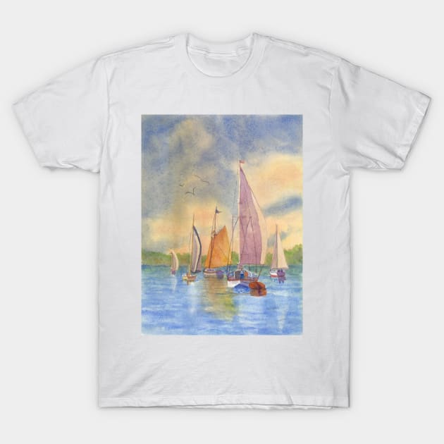 Sailing at Sunset Mt Desert Island Me; Sailboat; Sailing Maine T-Shirt by ROSEANN MESERVE 